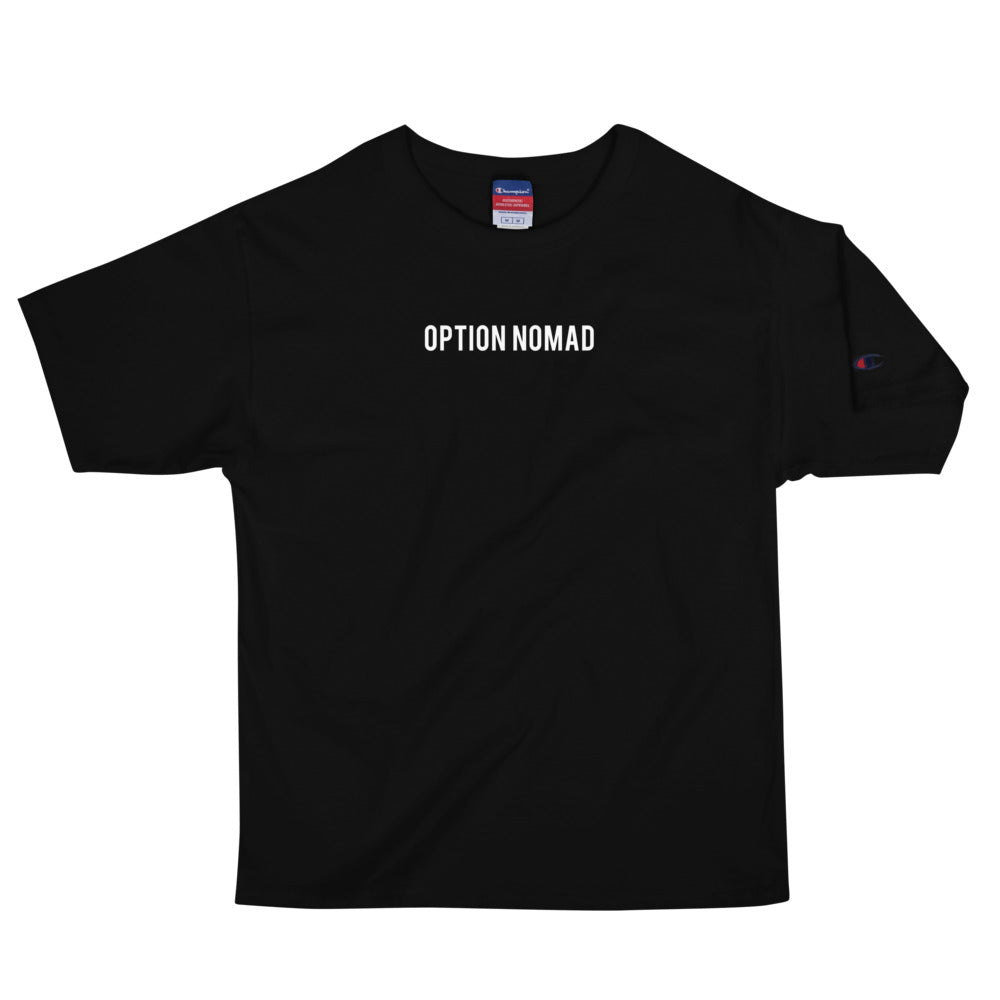 "WATCH YOUR BACK" Option Nomad x CHAMPION T-SHIRT [BLACK]